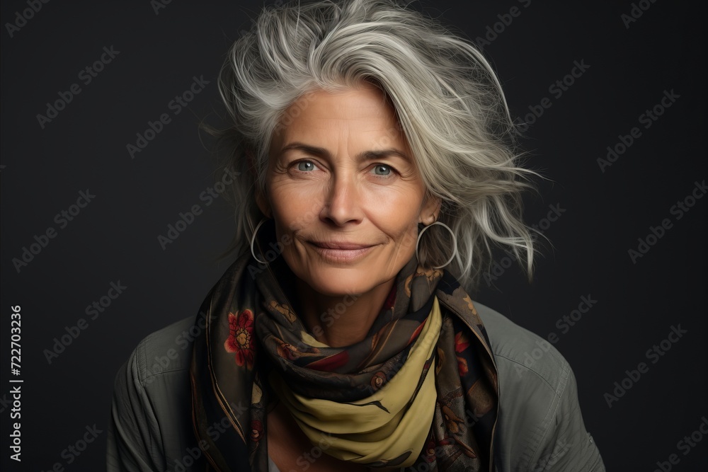 Portrait of a beautiful mature woman with grey hair and a colorful scarf.