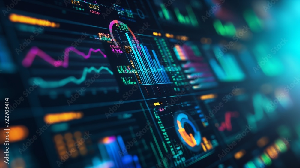 Obraz premium A vibrant data analytics dashboard displaying real-time insights, charts, and graphs with dynamic colors representing diverse data points, information visualization