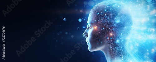 Profile Human Head Silhouette With Illuminated Digital Brain Over Blue Background