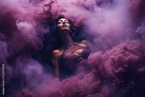 A woman in a purple dress is surrounded by smoke. Generative AI.