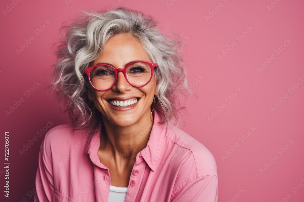 Portrait of a happy senior woman in glasses on a pink background