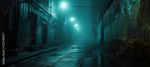 Misty spooky street alley. Horror mystery scene background Generative AI technology.