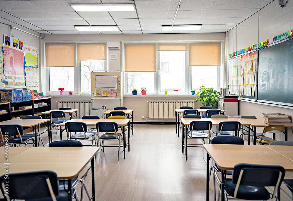 Empty modern classroom with chairs, desks and chalkboard.