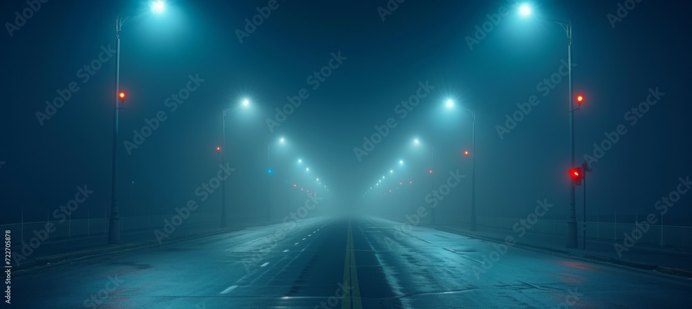 Misty night city road at winter. Melancholic scene background. Generative AI technology.