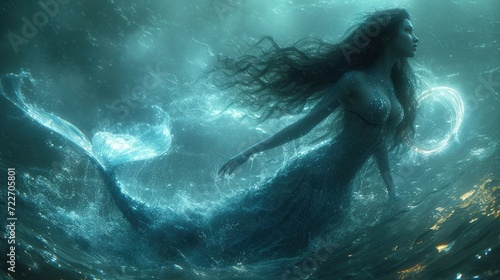 Glamorous Mermaid Leaping Through a Glowing Ring, A Majestic Underwater Spectacle.