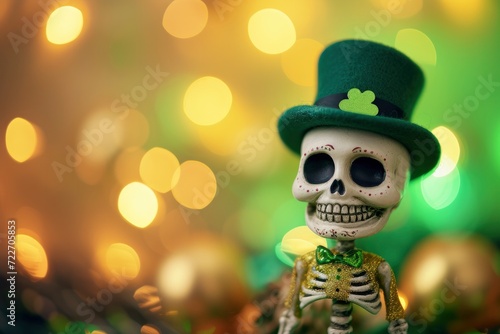 Skeleton is wearing a st Patrick's day hat on bokeh background.