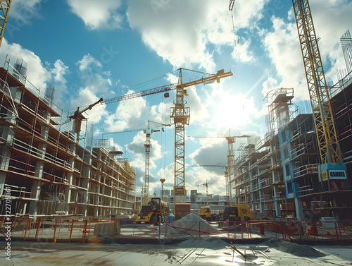 Construction site with tower crane on bright sky background. Construction of residential buildings against the city skyline, blending industry and architecture in a captivating urban development scene