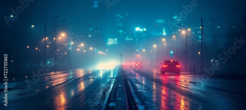 Misty illuminated night city road. Melancholic scene background. Generative AI technology.