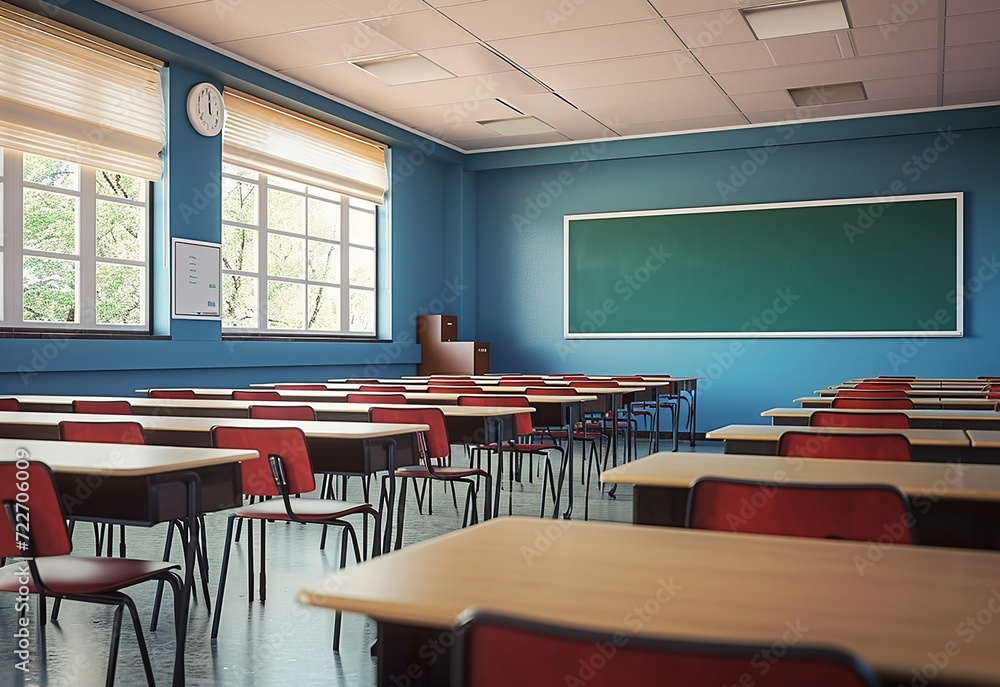 Empty modern classroom with chairs, desks and chalkboard. Empty modern classroom with chairs, desks and chalkboard.