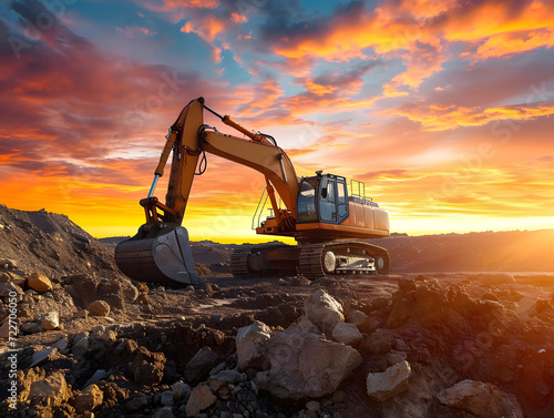 Yellow excavator diligently working at a construction site as the sun sets, showcasing heavy machinery in action, digging and moving earth with its shovel and bucket under the vast sky © Some