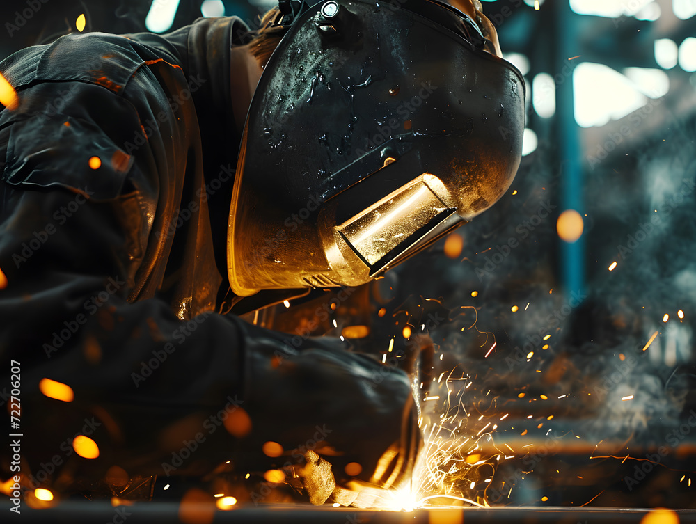 Welder in uniform diligently working on steel welding, wearing safety masks for protection against sparks and using manual tools. Welder creates sparks while working on steel in an industrial setting. Welder in uniform diligently working on steel welding, wearing safety masks for protection against sparks and using manual tools. Welder creates sparks while working on steel in an industrial setting.