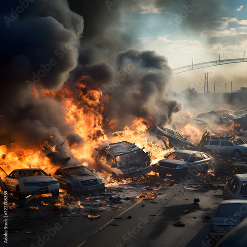 Highway traffic was surrounded by cars engulfed in flames, red-orange flames and smoke spread throughout the city, posing a perilous situation with danger and potential disaster