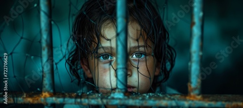 A child behind prison bars. Child trafficking kidnapped concept. Generative AI technology. photo