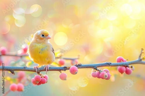 Canary sitting on the branch bokeh background