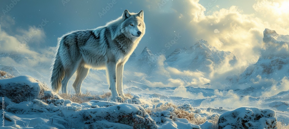 Arctic wolf with ice mountain background. Generative AI technology. - obrazy, fototapety, plakaty 
