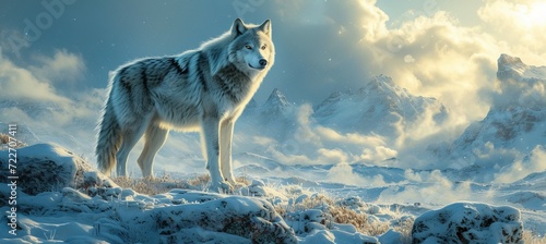 Arctic wolf with ice mountain background. Generative AI technology.
