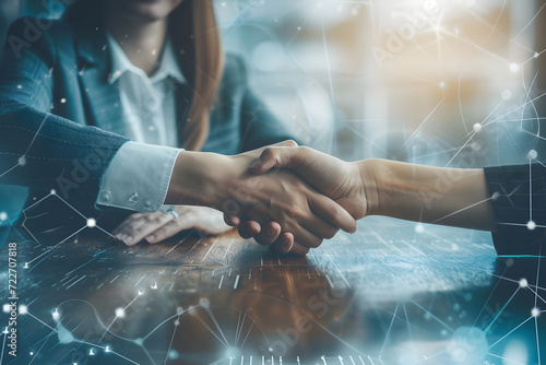 Close-up portrait capturing business professionals shaking hands at an office table  symbolizing agreement and collaboration in a professional setting.