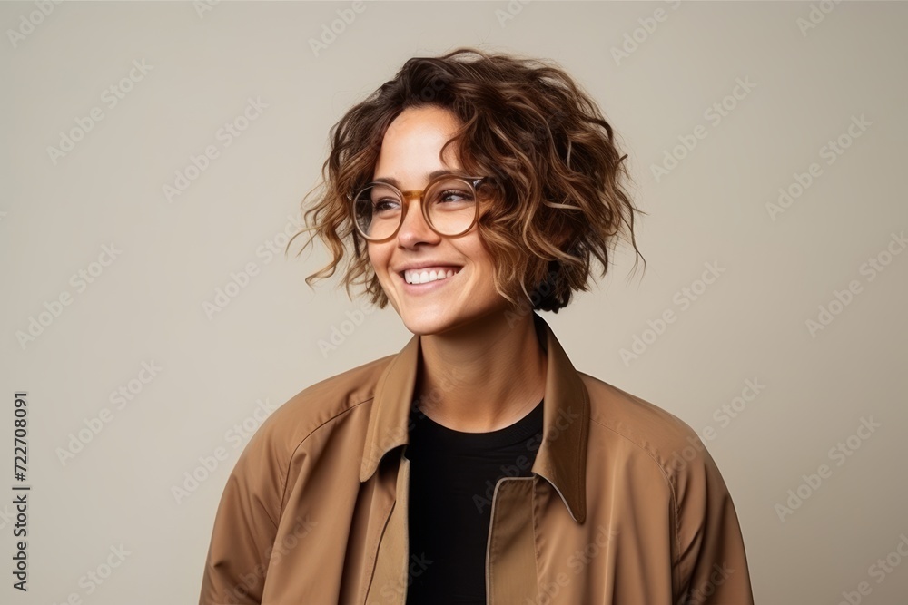 Portrait of a beautiful young woman in beige coat and glasses