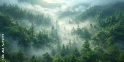 Cinematic Green Forest and Mountain Landscape, Enveloped in Dense Fog and Mist, Creating a Volumetric Atmospheric Scene