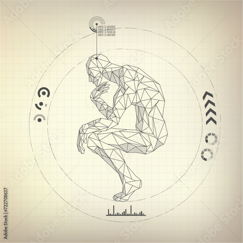 wireframe polygon man is thinking in futuristic retro style, vector of a great thinker
