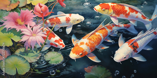 Koi fish swimming in dark water