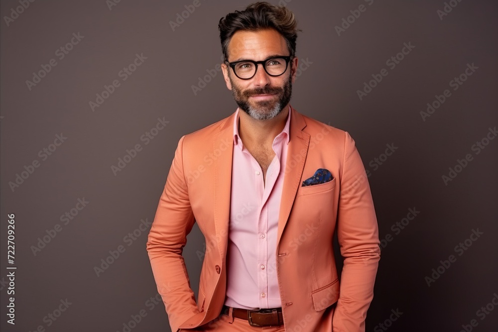 Portrait of a handsome man in an orange suit and glasses. Portrait of a handsome man in an orange suit and glasses.