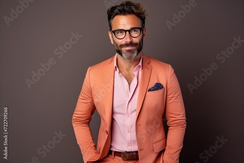 Portrait of a handsome man in an orange suit and glasses.