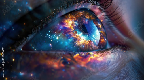 The eyes gleam with the brilliance of stars, the serenity of the moon, reflecting the cosmic wonders within the vastness of the universe.