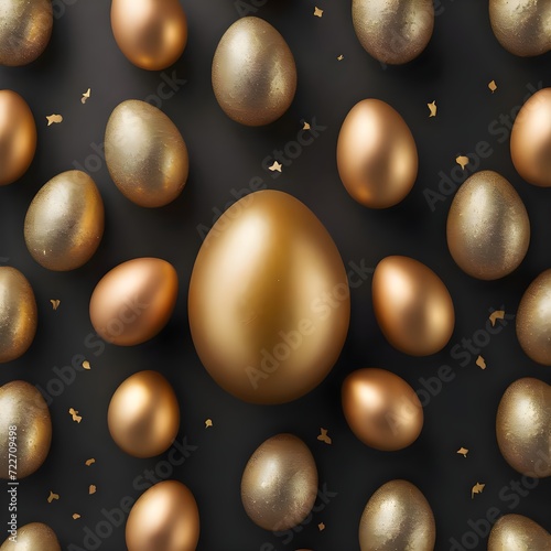 Stylish Easter golden decorated eggs on black plate isolated on white background. Trendy flat lay easter. Happy Easter card with copy space for text. Minimal easter concept 