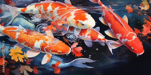 Koi fish wallpaper design. Kohaku type koi fish with water splash