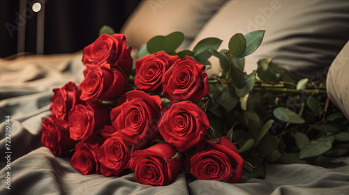 Bouquet of red roses on bed. Created with Ai