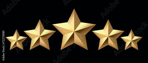 Five golden stars isolated on black background. Rating stars icon. Vector illustration. black background