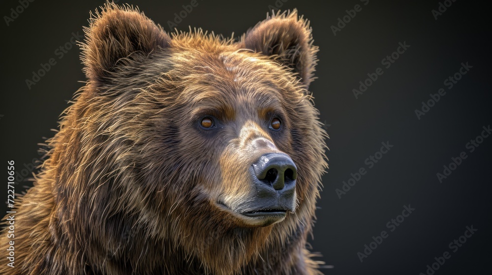  a close - up of a brown bear's face, with a black back ground and a black background.