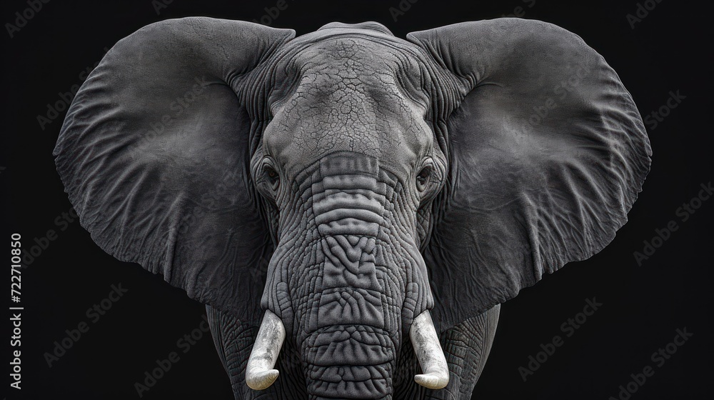  a close up of an elephant's face with tusks and wrinkles on it's ears.