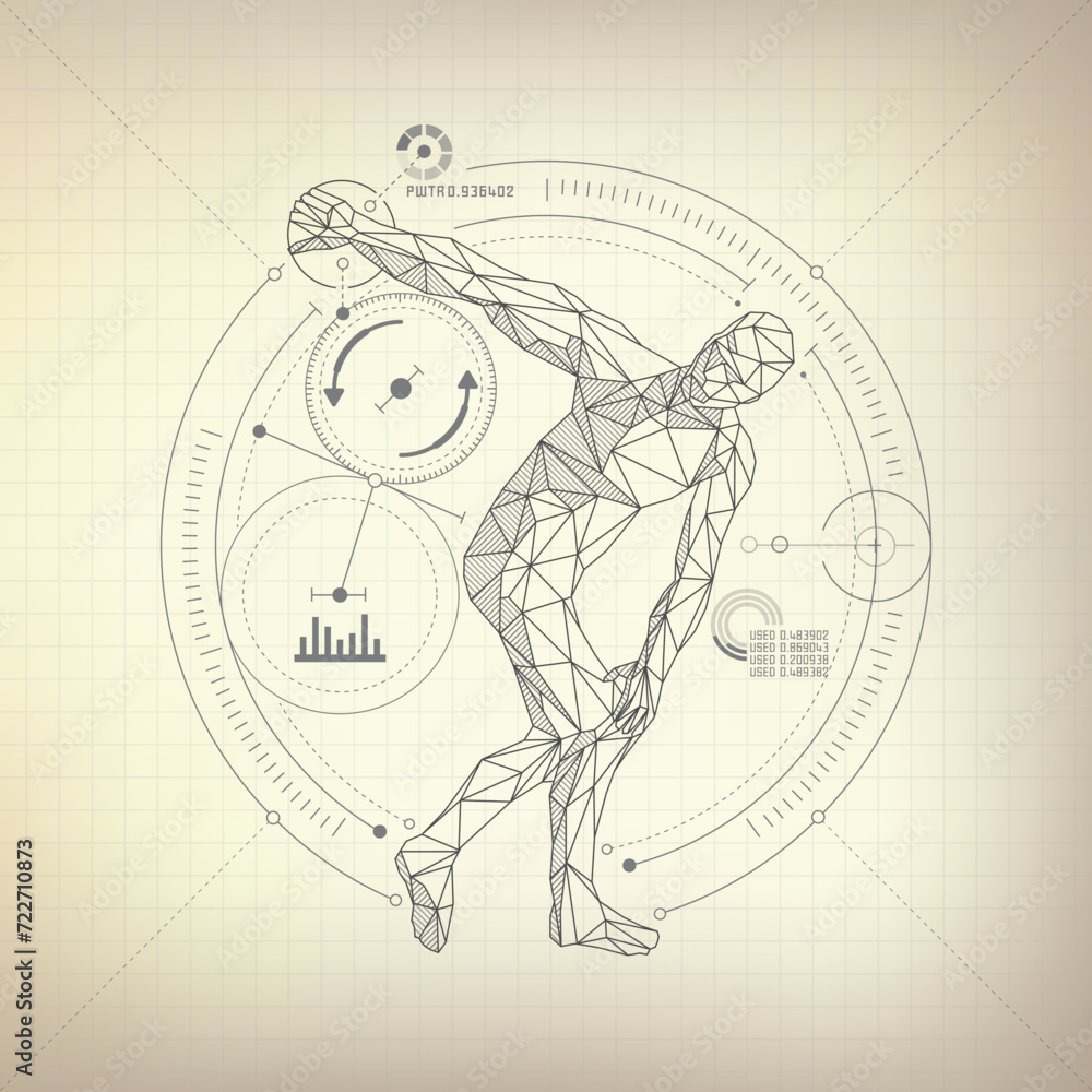 wireframe polygon man is throwing disc in futuristic retro style, vector of discobolus in modern abstract style
