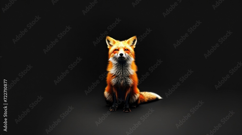  a red fox sitting on top of a black floor in front of a black background and looking at the camera.