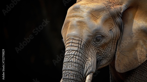  a close up of an elephant's face with it's trunk in the air and it's trunk in the air. © Olga
