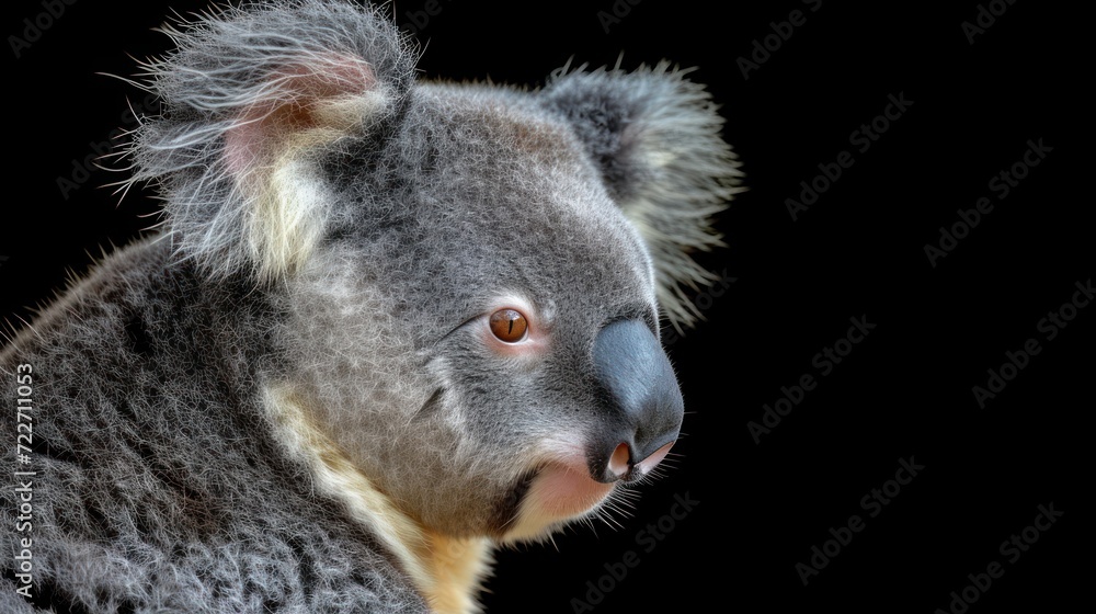 a close - up of a koala's face on a black background with a blurry image of the koala's head. a close - up of a koala's face on a black background with a blurry image of the koala's head.