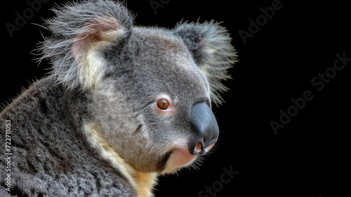  a close - up of a koala's face on a black background with a blurry image of the koala's head.