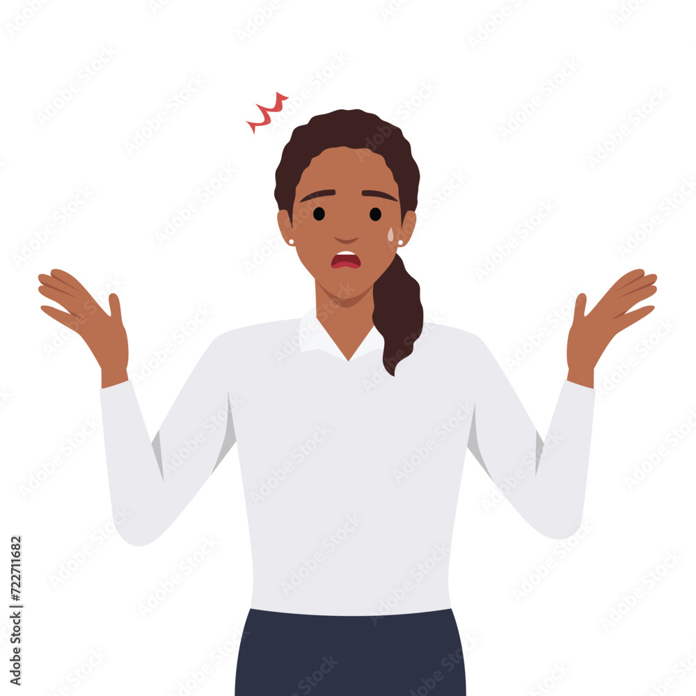 Female character can not find solution and asks for help. Stress due to burning deadlines. Flat vector illustration isolated on white background Female character can not find solution and asks for help. Stress due to burning deadlines. Flat vector illustration isolated on white background
