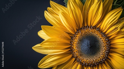  a large sunflower with a blue center and green leaves in the middle of the center of the sunflower.