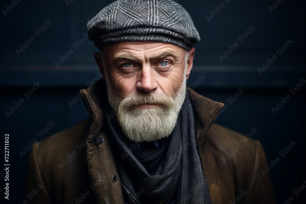 Portrait of a senior man with gray beard and mustache wearing a brown leather jacket, hat and scarf. Portrait of a senior man with gray beard and mustache wearing a brown leather jacket, hat and scarf.