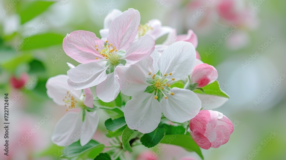  a bunch of white and pink flowers with green leaves on a tree in the foreground and a blurry background.