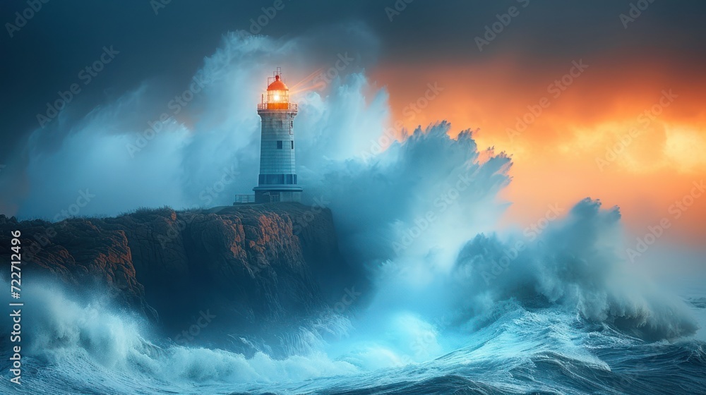 a lighthouse in the middle of the ocean with a huge wave in the foreground and a sunset in the background.