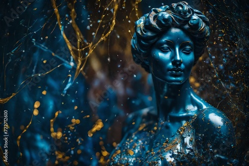 blue sculpture of beautiful lady, paint splashes on the sculpture, golden splashes on the sculpture