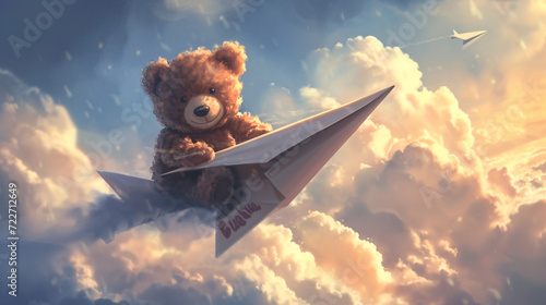 Fototapeta teddy bear piloting a paper airplane