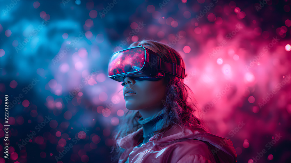 A person engaged in a mesmerizing virtual reality session, surrounded by a dreamlike bokeh of cosmic lights and colors.
A person engaged in a mesmerizing virtual reality session, surrounded by a dreamlike bokeh of cosmic lights and colors.
