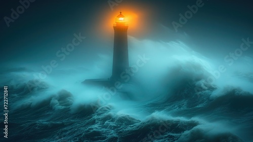  a lighthouse in the middle of a large body of water with a bright light on top of it in the middle of the ocean.