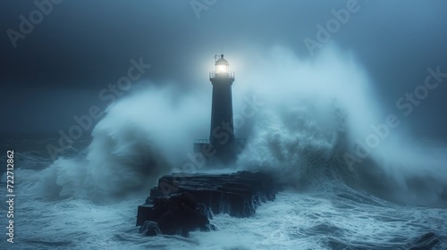  a lighthouse in the middle of a body of water with waves crashing around it and a light on top of it. photo