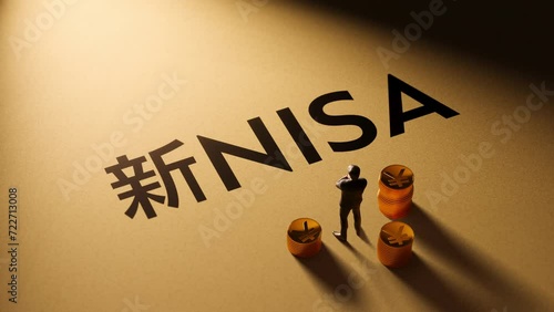 スポットライトに照らされた「新NISA」のモーションイメージ / 3Dレンダリング photo